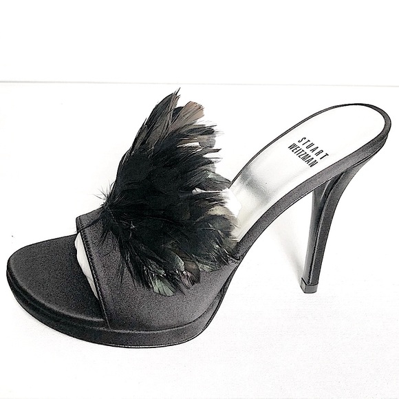 NWT Stuart Weitzman Feathered Black Satin Strapless Heels Size 6 - Picture 11 of 17